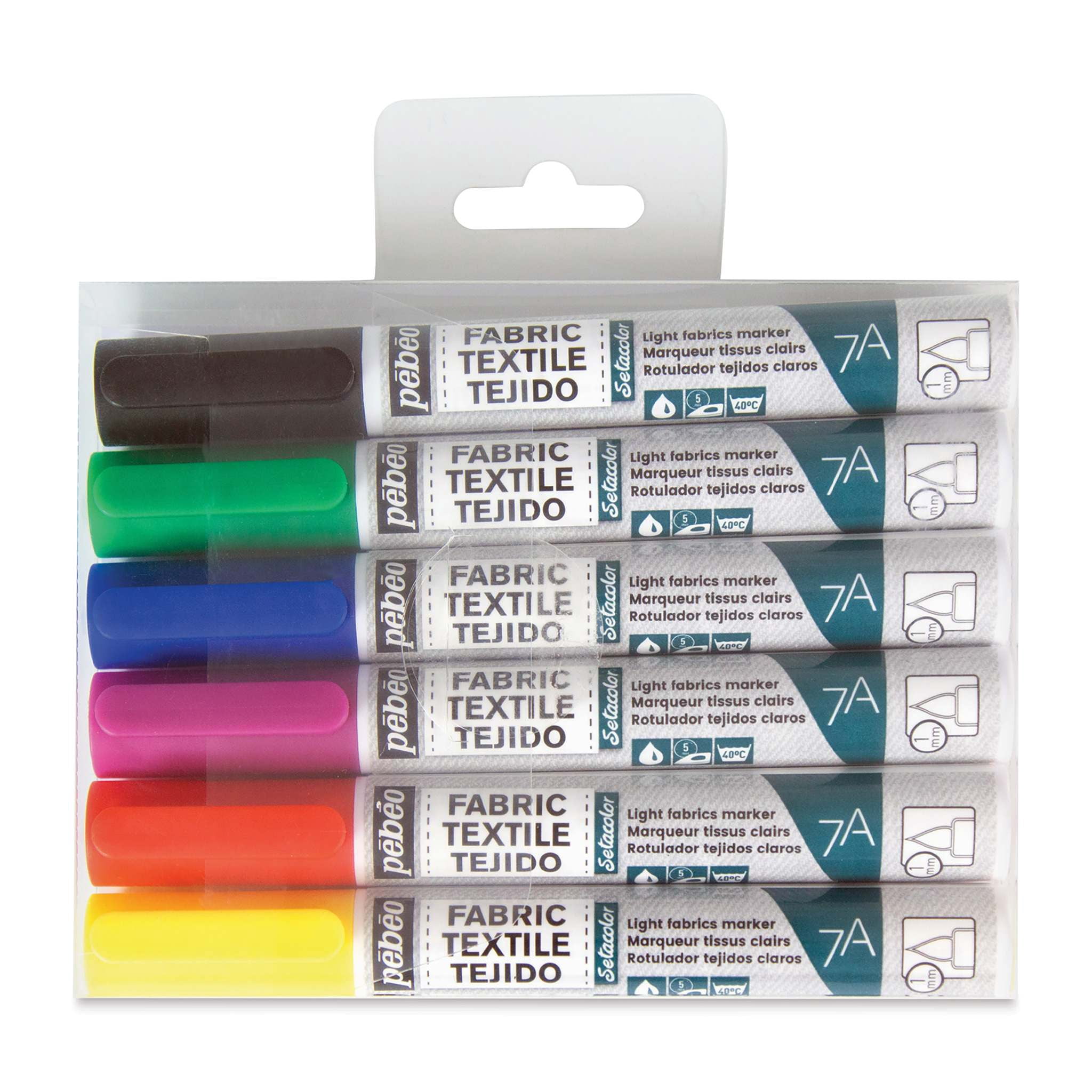 Pebeo 7A Light Fabric Brush Markers - Set of 6, Classic Colors, 1 mm