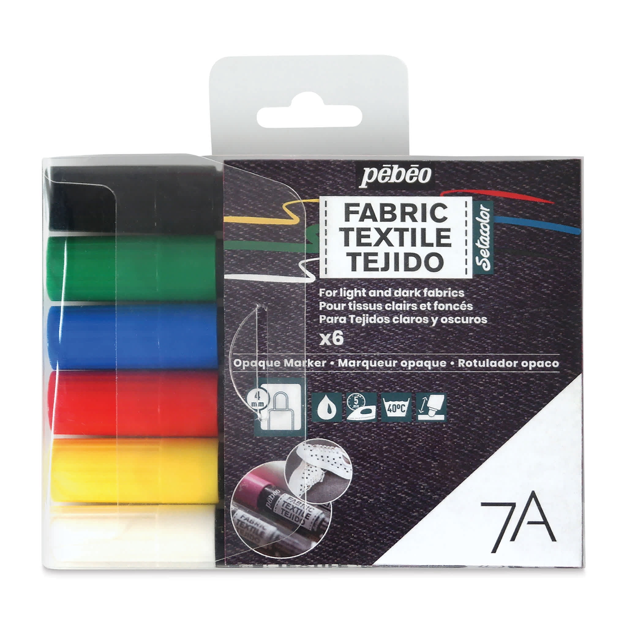 Pebeo 7A Opaque Fabric Markers - Set of 6, Classic Colors, 4 mm