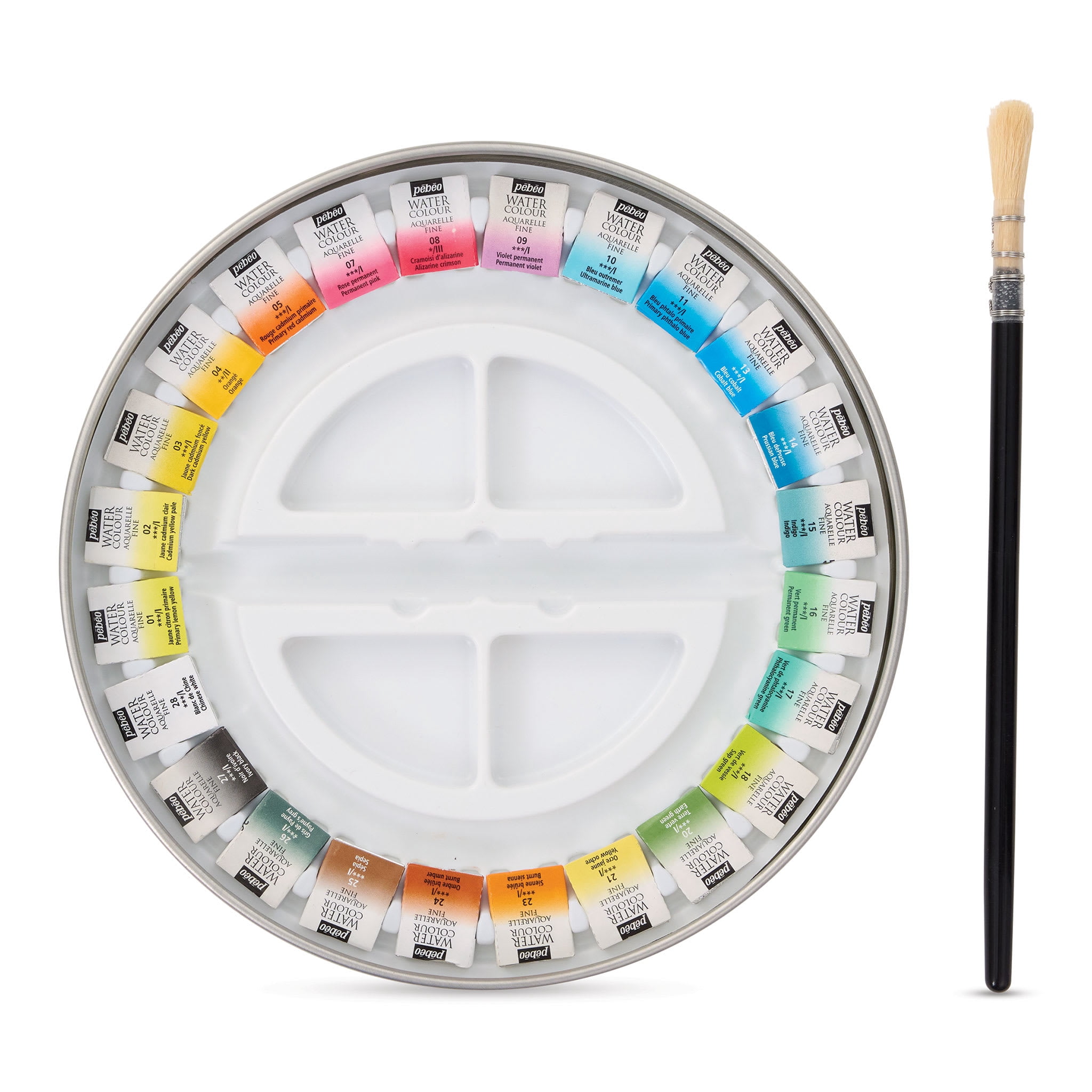 Pebeo Fine Watercolor Half Pan Set -  Set of 24, Round Metal Box with Brush