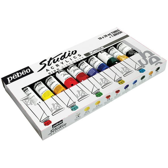 Pebeo Studio Acrylic Set, 10-Colors & 1 Free Brush