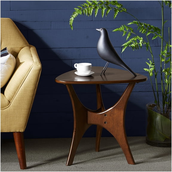 Pecan Finish Triangle Wood Side Table, Mid-Century Modern Accent Table for Living Room