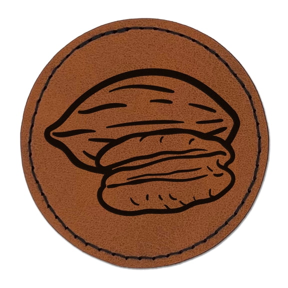 Pecan Nut Drawing 2.5" Faux Leather Round Engraved Iron-On Patch - Brown