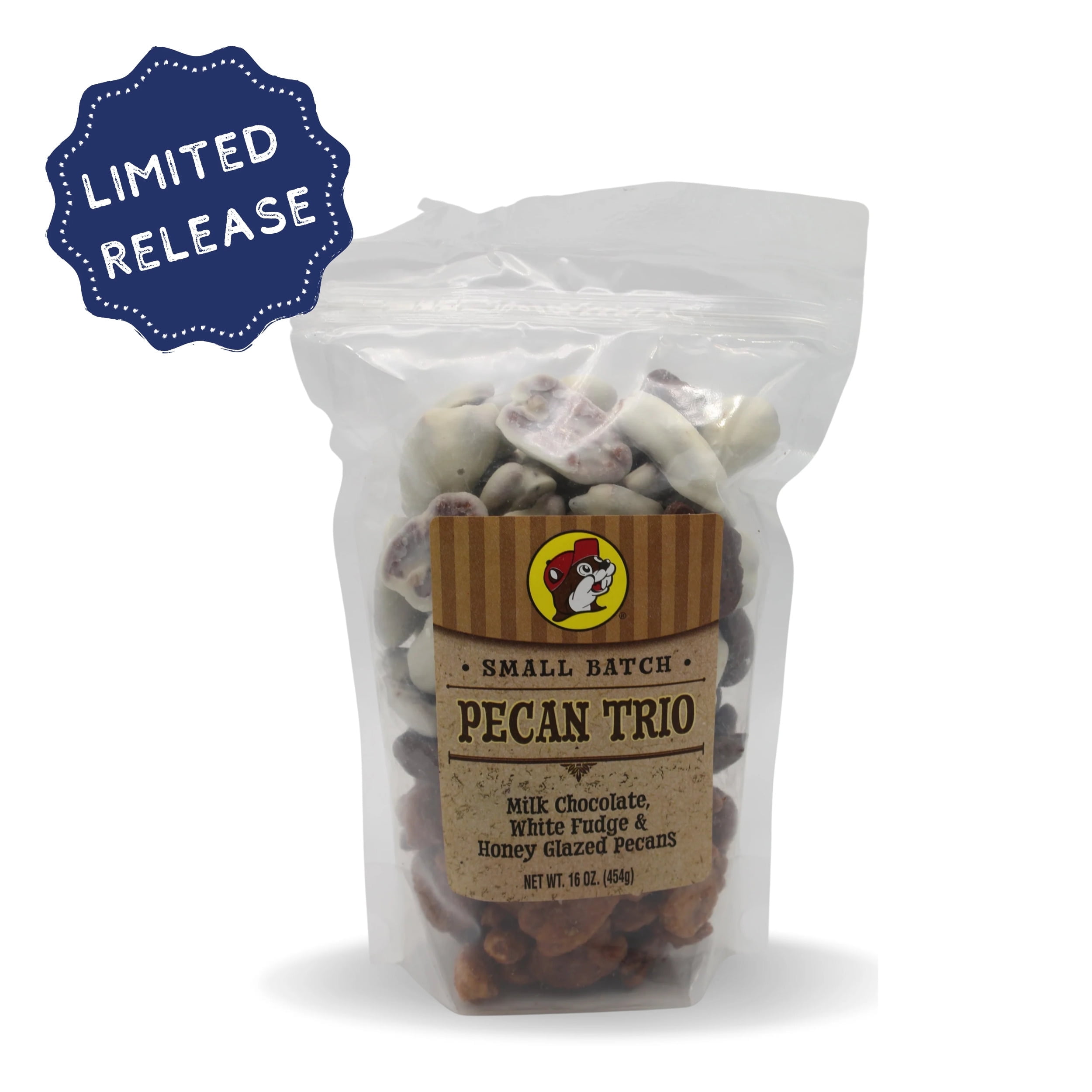 Bucee's Pecan Trio Milk Chocolate, White Fudge Honey Glazed Pecans