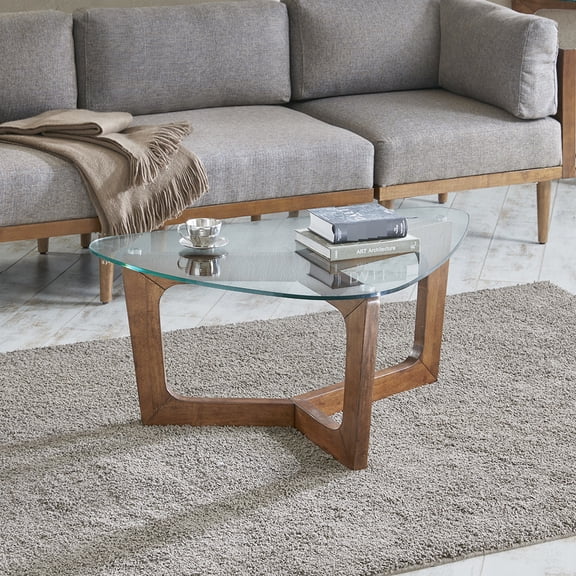 Pecan Wood Base Coffee Table With Tempered Glass Tabletop Elegant Smooth