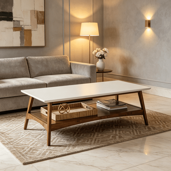 Pecan and Off-White Coffee Table with Storage, Mid-Century Design Wood Table