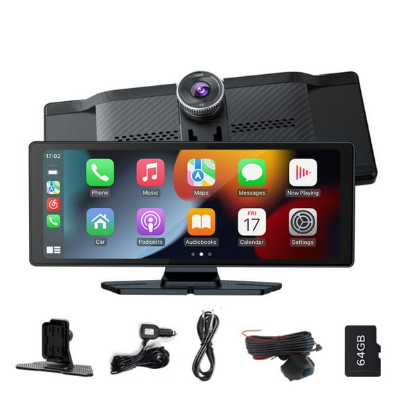 Pecham 10.26" Wireless Apple Carplay with Bluetooth, 4K 1080p Dual Dash Camera Front and Rear,  Portable Car Stereo GPS Navigation with Car Audio, Airplay, Mirror Link, 64GB TF Card