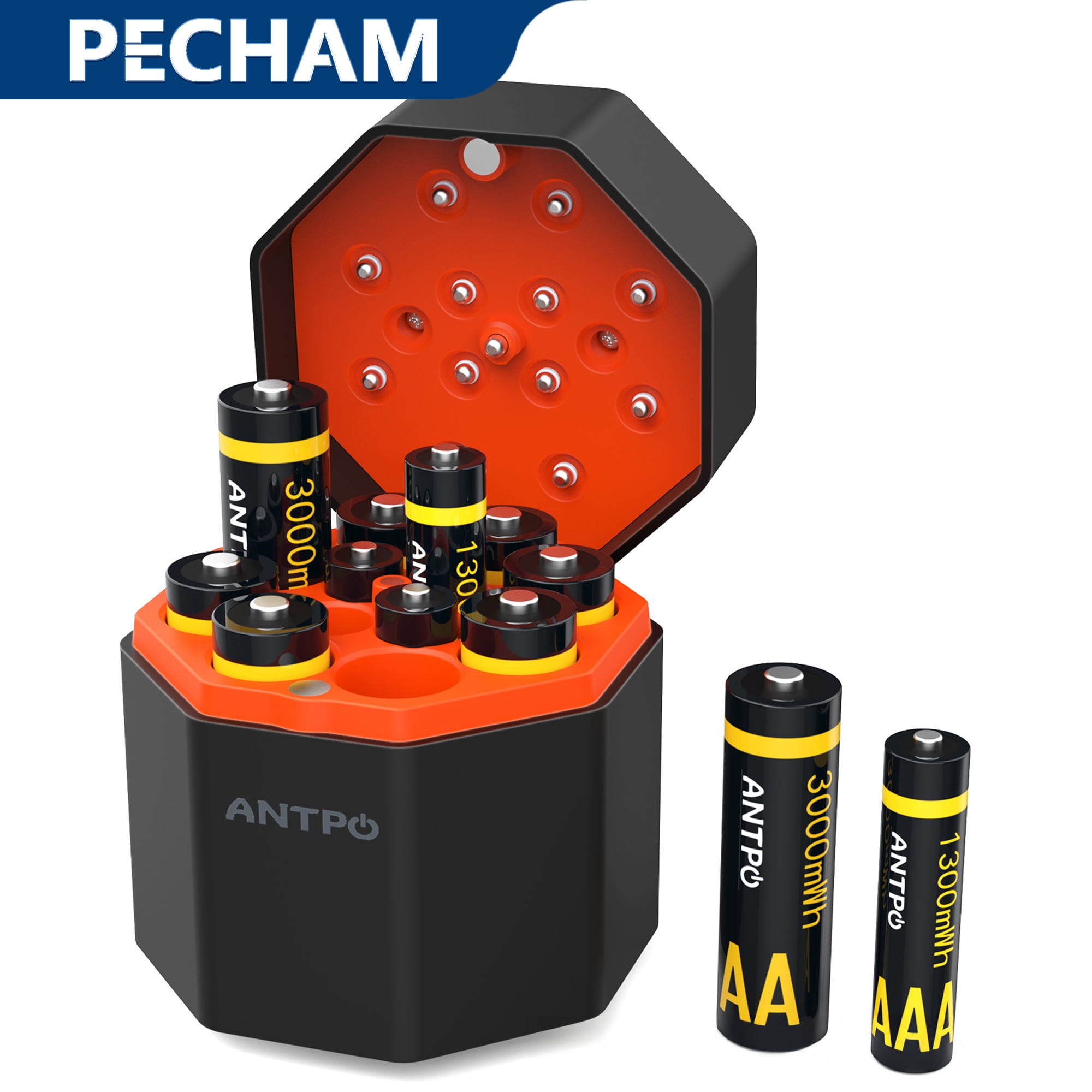 Pecham 12 Pack Rechargeable AA & AAA Batteries with Fast Charger, 3000mWh 8 AA & 1300mWh 4 AAA Batteries, 1.5V Rechargeable Li-ion Batteries with 2000+ Cycle Times for Camera, RC Toys