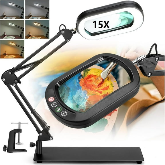 Pecham 15X Rectangle Magnifying Glass with Light and Stand, 5 Color Modes Stepless Dimmable, LED Lighted Clamp Desk Lamp with Swing Arm, Hands Free for Reading Painting Crafts Close Work