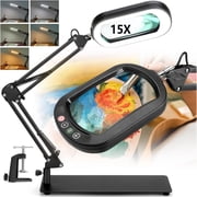 Pecham Rectangle Magnifying Glass with Light and Stand, 5 Color Modes Stepless Dimmable, LED Lighted Clamp Desk Lamp with Swing Arm, Hands Free for Reading Painting Crafts Close Work