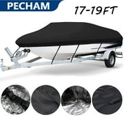 Pecham 17-19ft Waterproof Boat Cover, 210D Heavy Duty Trailerable Boat Cover for V-Hull Boat with 5 Straps, Black