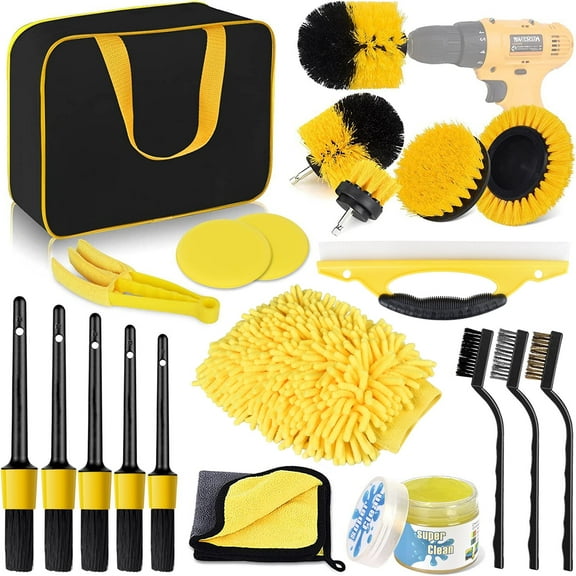 Pecham 20PCS Car Detailing Kit, Car Detailing Brush Set, Auto Detailing Drill Brush Set, Car Detailing Brushes, Car Wash Kit, Car Accessories, Car Cleaning Tools Kit for Interior, Exterior, Wheels