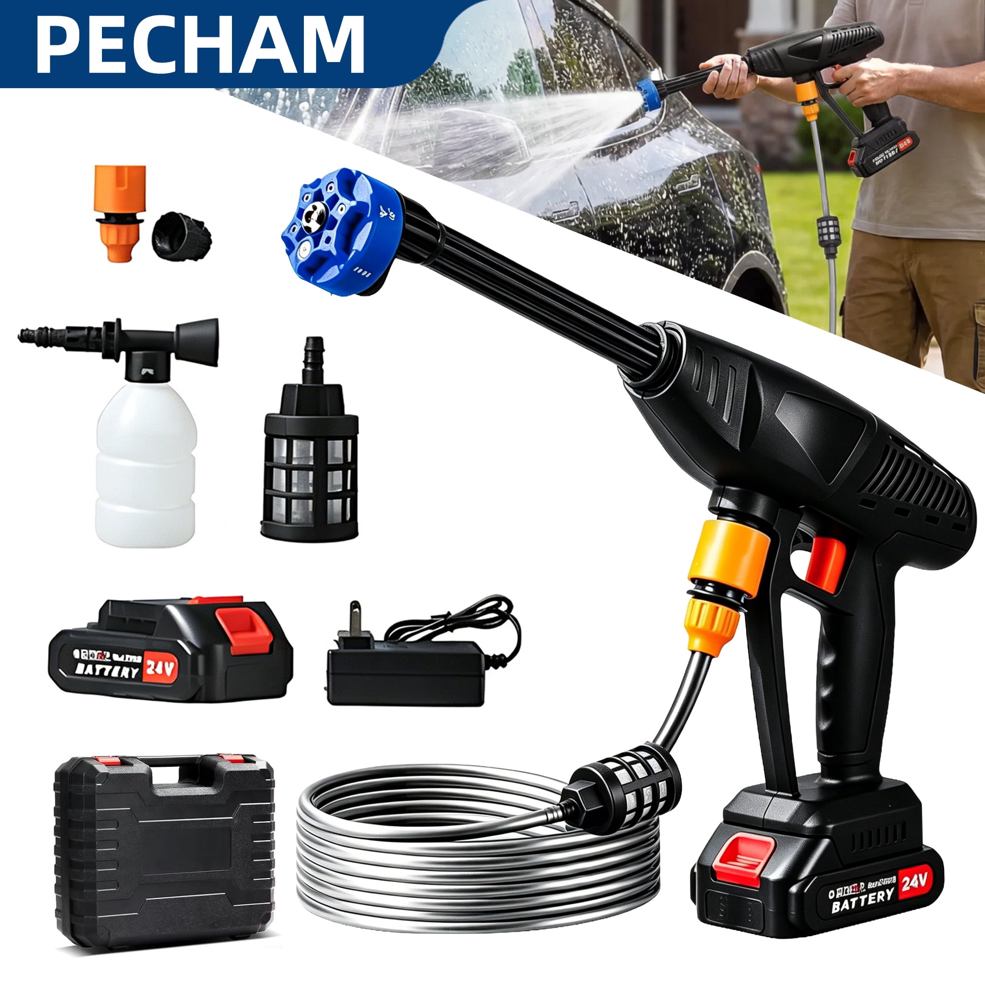 Pecham 48V Cordless Pressure Washer, 900PSI Portable Car Washer with 2 x Rechargeable Battery, High Power Handheld Washer with 7-in-1 Adjustable Nozzle for Car, Floor, Fence, Garden