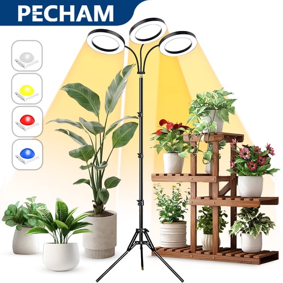 Pecham 3-Head Grow Lights for Indoor Plants, Full Spectrum LED Plant Light with Stand, 78" Height Adjustable Standing Floor Growing Lamp with 3/9/12H Timer, 10 Dimmable Levels, 3 Color Modes