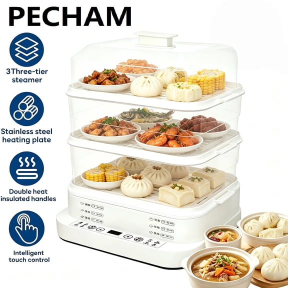 Pecham 3 Tier Electric Food Steamer, 28L/30QT Digital Multi Steamer with 24H Smart Timer, Boil Dry Protection, BPA-Free Stackable Baskets for Veggies, Seafood, Rice
