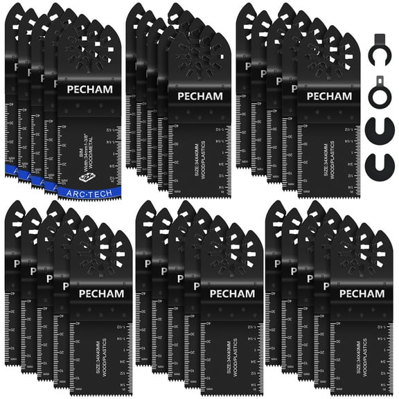 Pecham 34Pcs Oscillating Tool Blades, Curved Edge Oscillating Saw Blades for Metal, Wood, Plastic, Quick Release Multitool Blades Kit Fit forDewalt Ryobi Milwaukee Rockwell Fein Makita