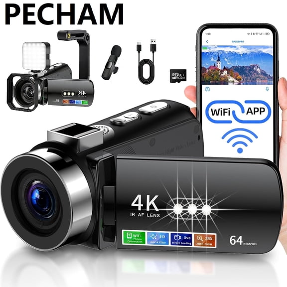 Pecham 4K Video Camera Camcorder, Ultra HD 64MP Vlogging Camera for YouTube, Video Recorder with 28X Digital Zoom, 270° Rotation, Night Vision, 3.0" Vlog Screen for WiFi Connection