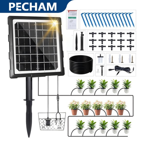 Pecham 65FT Solar Drip Irrigation Kit, Auto Watering System for 20 Pots, Indoor/Outdoor Automatic Watering Timer for Holidays, Balconies, Flower Pots, Plants