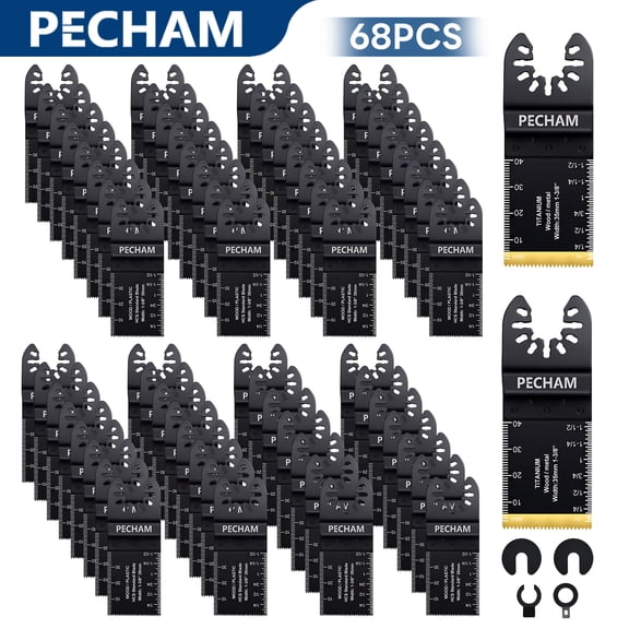 Pecham 68PCS Titanium Oscillating Tool Blades, Curved Edge Oscillating Saw Blades, Quick Release Multi Tool Blades Fit for Dewalt Milwaukee Ryobi Rockwell Fein  for Metal, Wood, Plastic