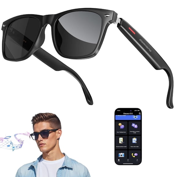 Pecham AI Translation Smart Glasses, Bluetooth Audio Sunglasses with Voice Assistant, Real-Time Translation, Multifunctional Smart Glasses for Men Woman - Black