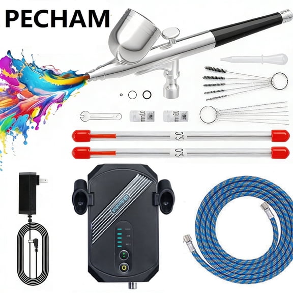 Pecham Airbrush Kit with Air Compressor, 30 PSI High Pressure with 1.8M Air Hose, 0.2mm/0.5mm Nozzles, Handheld Auto Mini Dual-Action Airbrush Gun Set for Painting, Makeup, Cake Decor, Nails Art