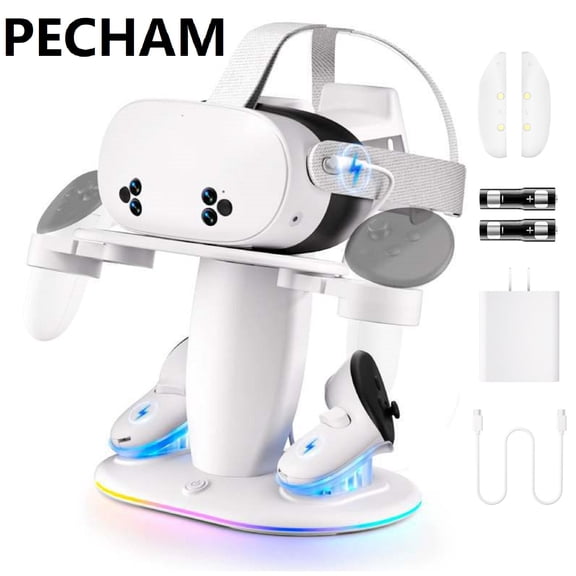 Pecham Charging Dock Fit for Meta Quest 3/Quest 3S/Quest 2, RGB VR Headset Holder Stand & Controller Mount - White