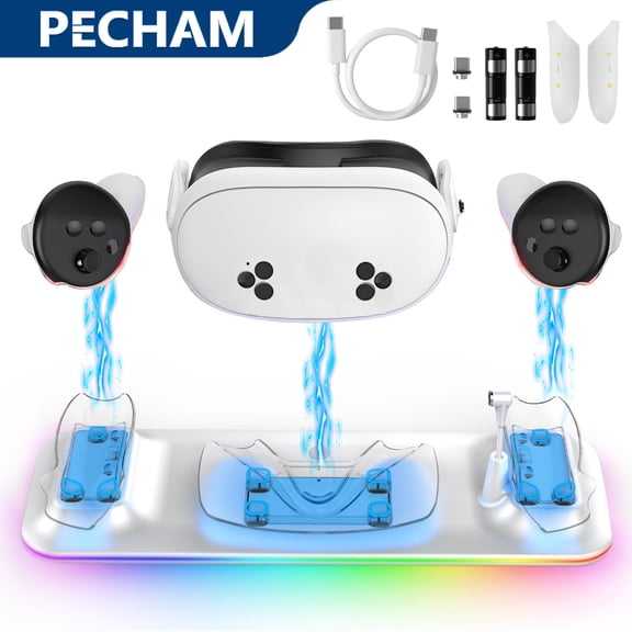 Pecham Charging Dock Fits for Meta Quest 3S/3, Magnetic Charging Station for Oculus Quest 3S/3 Headset & Controller with RGB Light, Fast Charging Station with 2 Rechargeable Batteries
