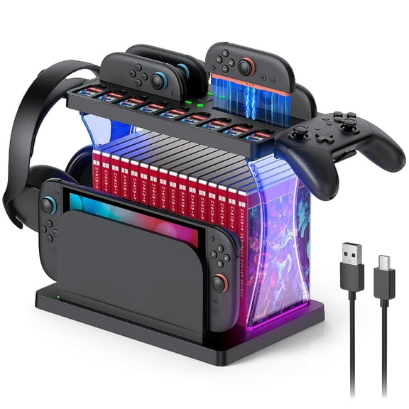 Pecham Charging Storage Dock for Switch 2 JoyCon, Switch 2 Accessories Organizer with 16 Game Disc Slot, 9 Game Cards Slot, Pro Controller Holder