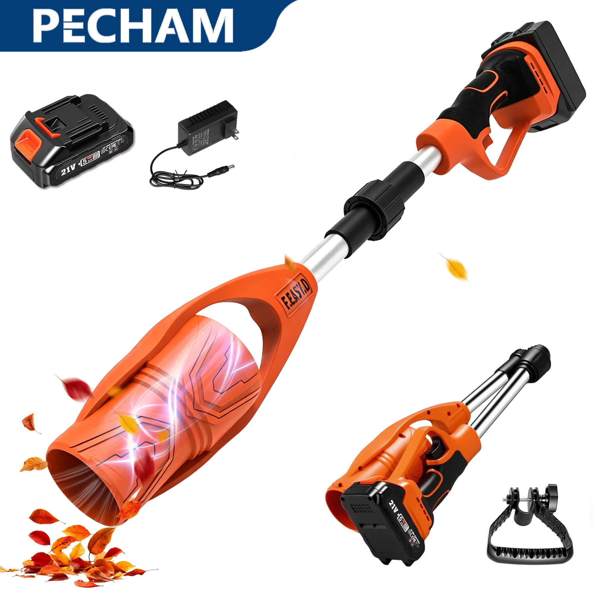 Pecham Cordless Leaf Blower 21V, 320CFM 150MPH High Speed Foldable Air Leaf Cleaner, Electric Leaf Blower with 3000mAh Battery for Lawn Care, Garden, Patio, Home, Yards