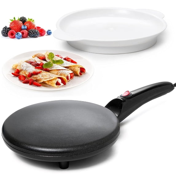 Pecham Electric Crepe Maker, 8” Portable Crepe Maker with On/Off Switch, Nonstick Coating, Automatic Temperature Control, Food Bowl, Whisk, Spatula for Crepe, Tortillas, Pancakes - Black