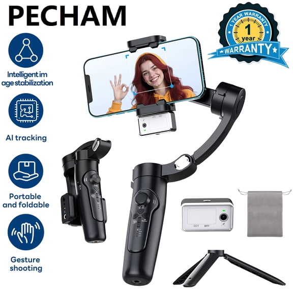 Pecham Gimbal Stabilizer for Smartphone, 3-Axis Gimbal for iPhone and Android Selfie Stick, Foldable Phone Stabilizer with Fill Light, Auto Tracking for Video Recording