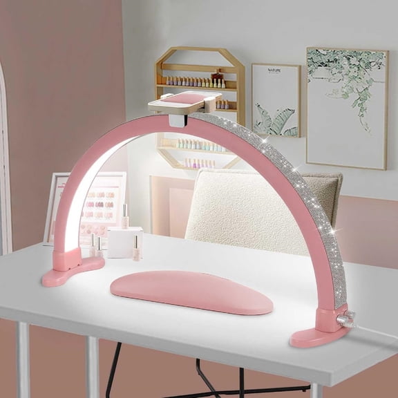 Pecham Half Moon Light for Nail Desk, 16in Half Moon Light with Stepless Dimming, Phone Holder, 36W Professional Half Moon Lamp for Nail Tech, Eyelash, Makeup, Tattoo - Pink