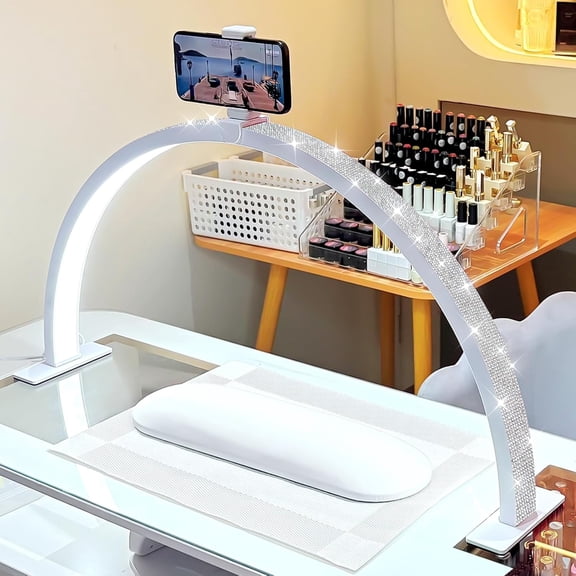 Pecham Half Moon Light for Nail Desk, 16in Half Moon Light with Stepless Dimming, Phone Holder, 36W Professional Half Moon Lamp for Nail Tech, Eyelash, Makeup, Tattoo - White