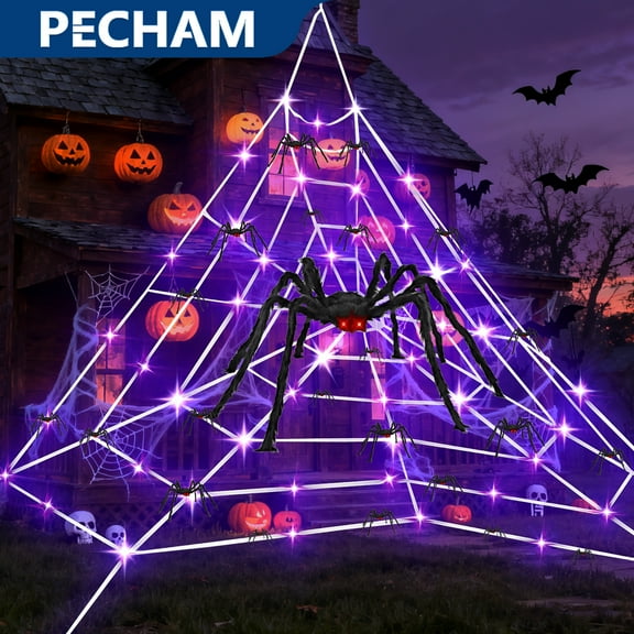 Pecham Halloween Spider Web with 50" Giant Spider Decorations, 16.4FT Spider Web Decor with 125 LED Lights, Halloween Decorations for Indoor Outdoor Yard House Garden Party Haunted Decor