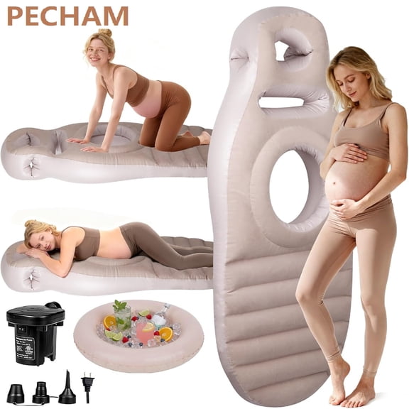 Pecham Inflatable Pregnancy Pillow with Electric Air Pump, Full Body Maternity Comfortable Airbed with Hole for Stomach Sleeping, Back Pain & Hip Pressure Relief - Brown