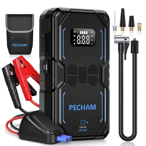 Pecham 3000A Car Jump Starter with Air Compressor, 150PSI Battery Jump Starter (for All Gas or up to 8.0L Diesel), 16000mAh Portable Car Battery Booster with LED Screen, 3 Modes Flashlight