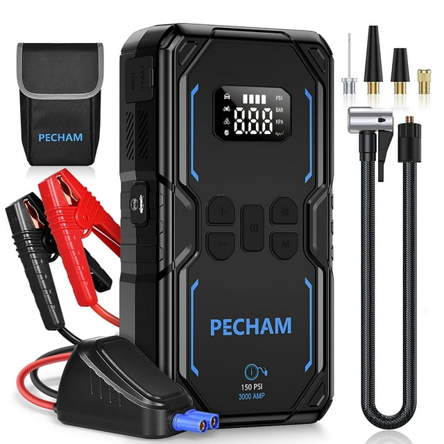 Pecham 3000A Car Jump Starter with Air Compressor, 150PSI Battery Jump Starter (for All Gas or up to 8.0L Diesel), 16000mAh Portable Car Battery Booster with LED Screen, 3 Modes Flashlight