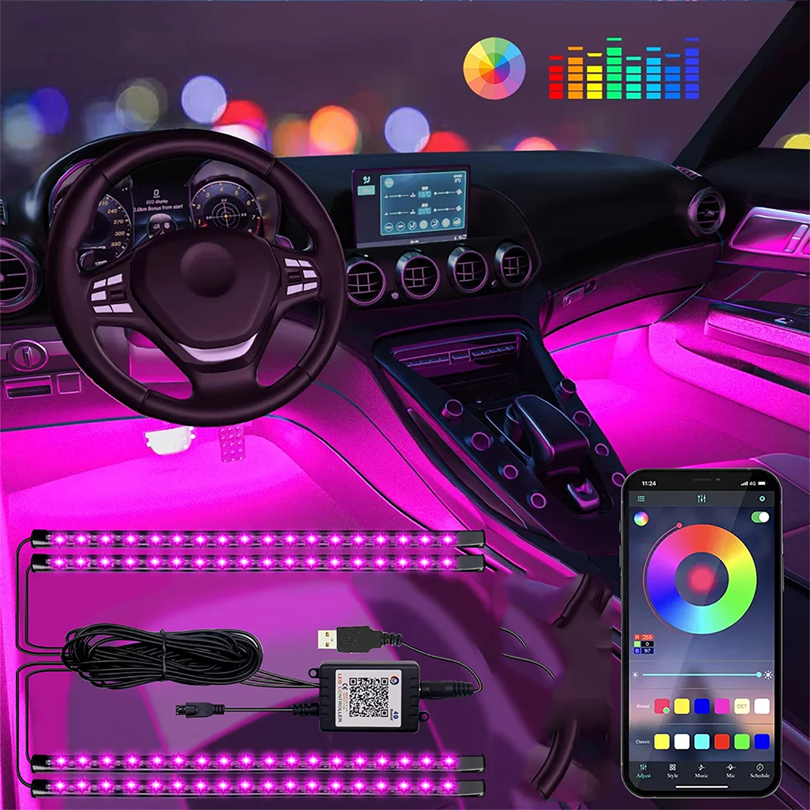 Pecham Multi-Color Car Interior Lights, 12.6 in LED Car Interior Lights Strip with App Control, Universal RGB Bluetooth Sound-Responsive Interior Lights for Cars, SUVs