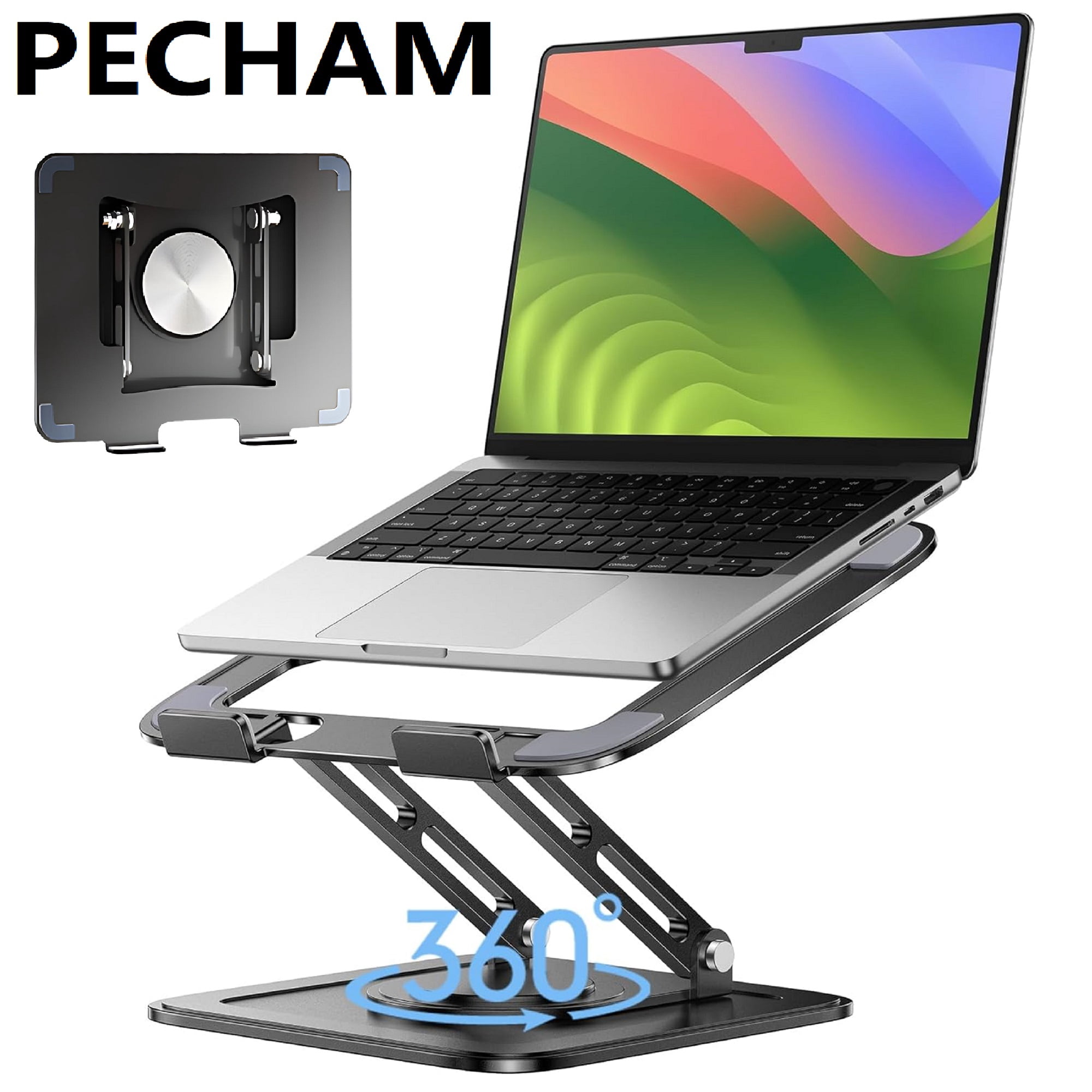 PECHAM Laptop Stand for Desk, Adjustable Laptop Stand with 360° Rotating Base, Ergonomic Computer Stand Support 10-17.3" Laptop & Tablet - Black