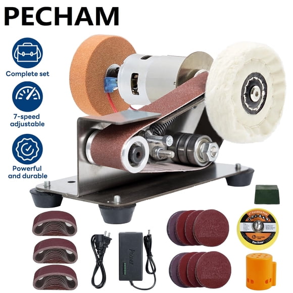 Pecham Mini Belt Sander, 15 Degree Electric Power Bench Belt Grinder, 7 Adjustable Speed Knife Sharpener Knife Polishing Kit for DIY Metal Woodworking Knife Making
