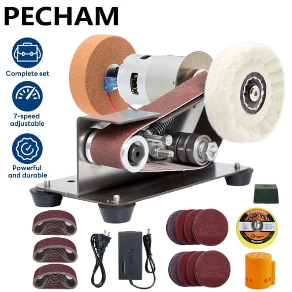 Pecham Mini Belt Sander, 15 Degree Electric Power Bench Belt Grinder, 7 Adjustable Speed Knife Sharpener Knife Polishing Kit for DIY Metal Woodworking Knife Making