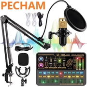 PECHAM Podcast Equipment Bundle, Audio Mixer Condenser Microphone with Voice Changer - Black