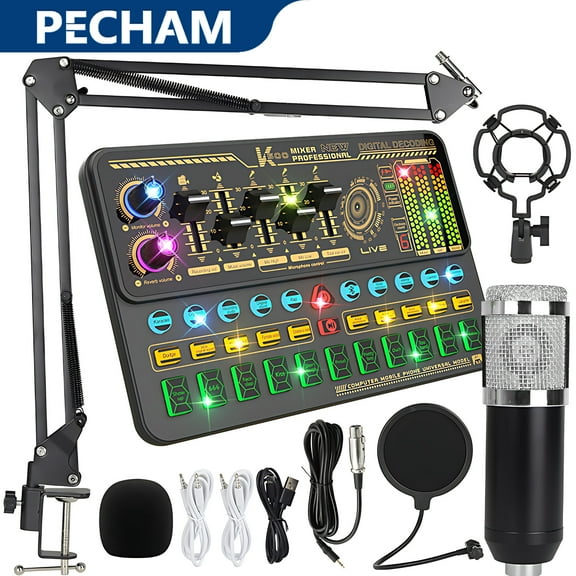 Pecham Podcast Equipment Bundle, BM-800 Podcast Microphone with Voice Changer, Audio Mixer Condenser Microphone for Laptop Computer Vlog Living Broadcast Live Streaming YouTube TikTok - Silver