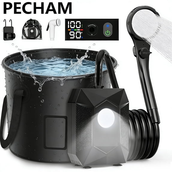 Pecham Portable Camping Shower, 6000mAh Rechargeable Shower Pump with Filtered Shower Head, 5 Gallons Foldable Bucket, Camping Light for Hiking, RV, Traveling, Car Washing, Pet Bath