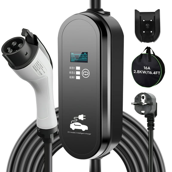 Pecham Portable EV Charger, 16A 2.8KW EVSE Charging Cable, Level 2 Electric Vehicle Charging with 16.4ft Cable Type2 IEC62196-2 Type1 J1772 Plug Controller Wallbox