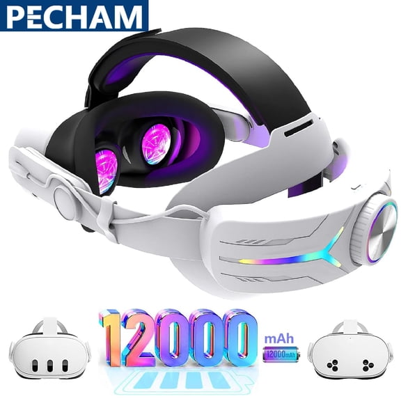 Pecham Battery Head Strap Fit for Meta/Oculus Quest 3/3S, 12000mAh RGB Lighted Head Strap for VR Accessories, Adjustable VR Headset Elite Strap for Extended Playtime, Reduce Facial Stress - White