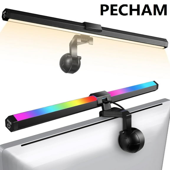 Pecham RGB Monitor Light Backlight Bar, 15.75” Dual Light Screen Light Bar with 15 Modes Dimmable, 3 Color Temperature Adjustable, Eye Caring Screen Light Bar for Reading Gaming