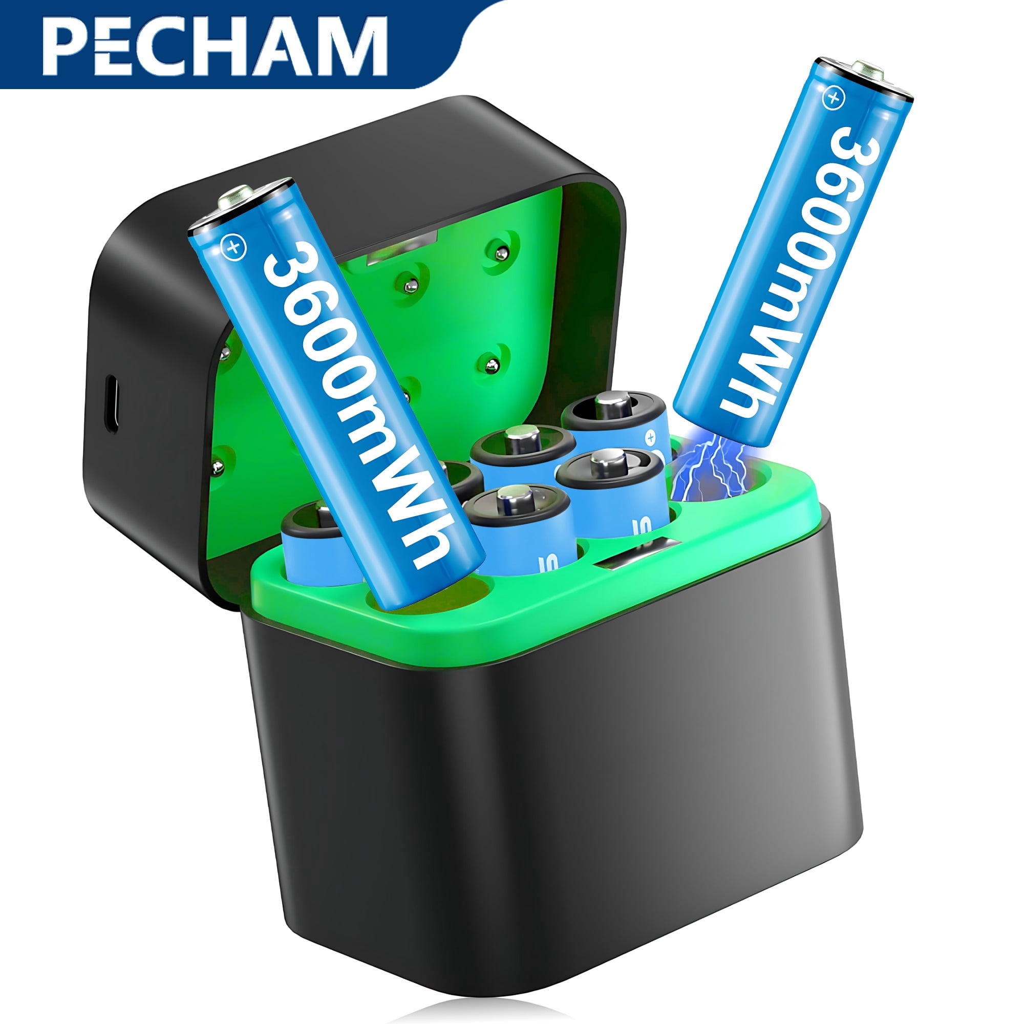 Pecham 8PCS Rechargeable Lithium AA Batteries with Charger, 3600mWh 1.5V Batteries with 2000+ Cycle Times for Xbox, Blink, Remote Controls