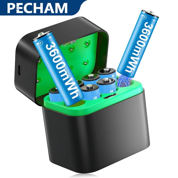 Pecham 8PCS Rechargeable Lithium AA Batteries with Charger, 3600mWh 1.5V Batteries with 2000+ Cycle Times for Xbox, Blink, Remote Controls