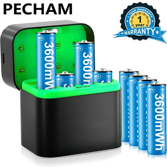 Pecham 8PCS Rechargeable Lithium AA Batteries with Charger, 3600mWh 1.5V Batteries with 2000+ Cycle Times for Xbox, Blink, Remote Controls