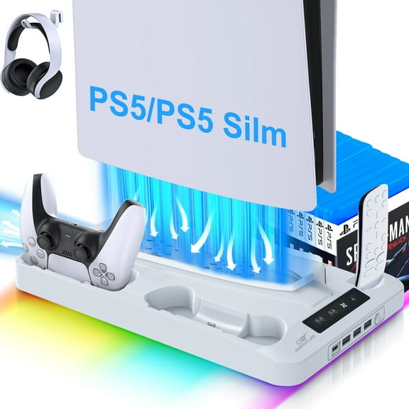 Pecham Vertical Cooling Fan Stand Fit for PS5/PS5 Slim Console, Fast Charging Station with Dual Controller Charger, Headset Holder, 3 USB Ports, Charging Stand for PS5 Slim Disc/Digital - White